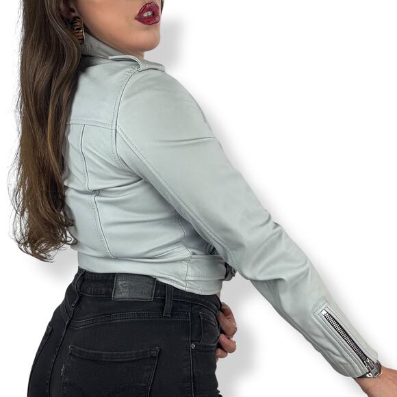 ALL SAINTS baby blue gray lamb leather BARON Biker motorcycle cropped jacket - Picture 3 of 16